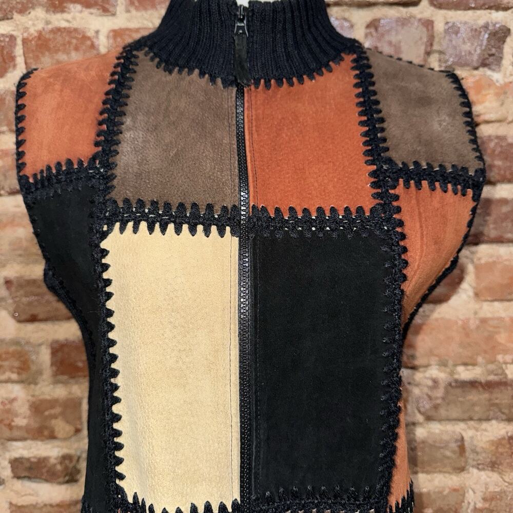 Vintage Artisan Leather Suede Patchwork Vest Boho 90s Zip Designer Studio M - Picture 6 of 9